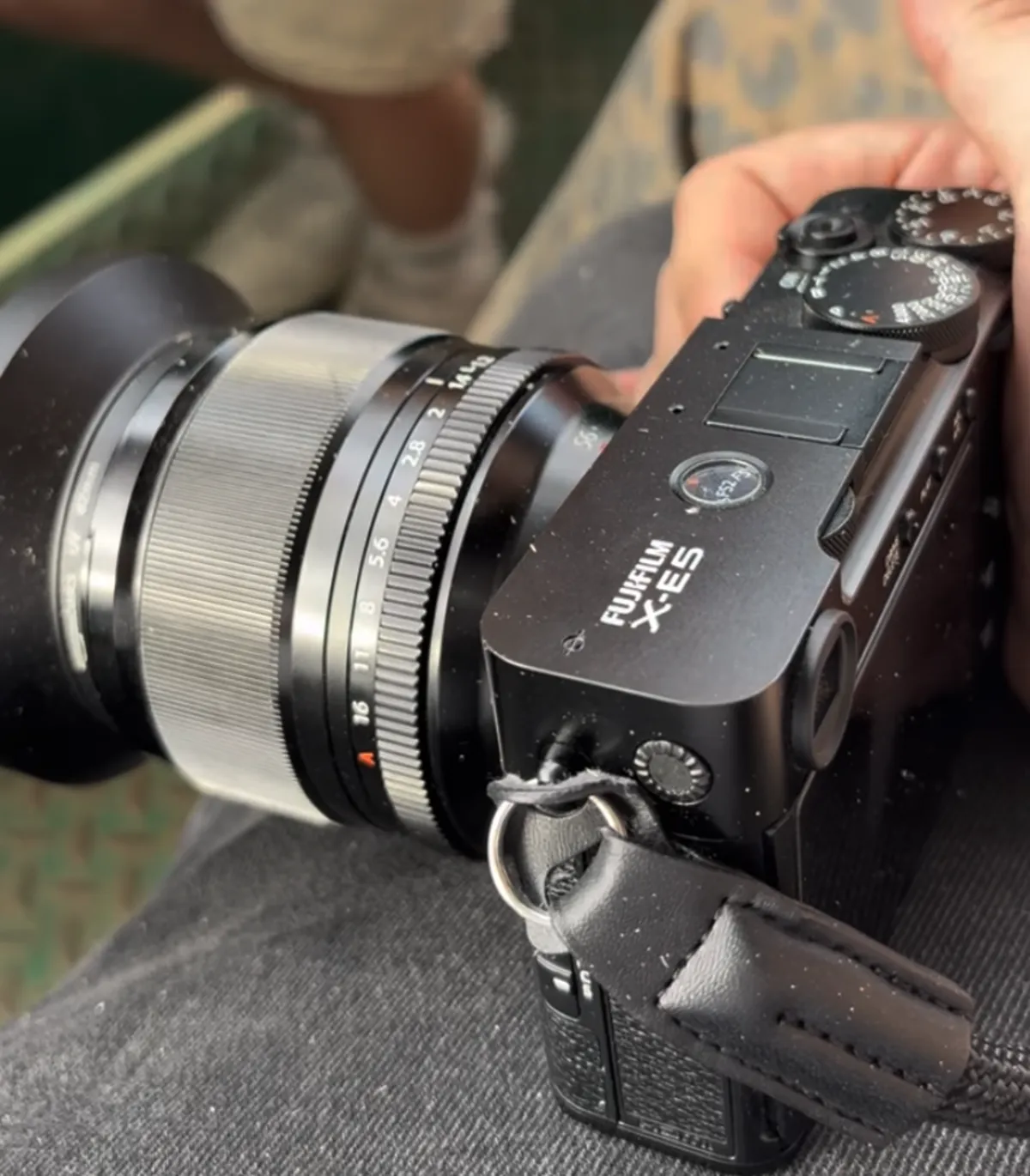 The top plate of the Fujifilm X-E5 with its dials and model name